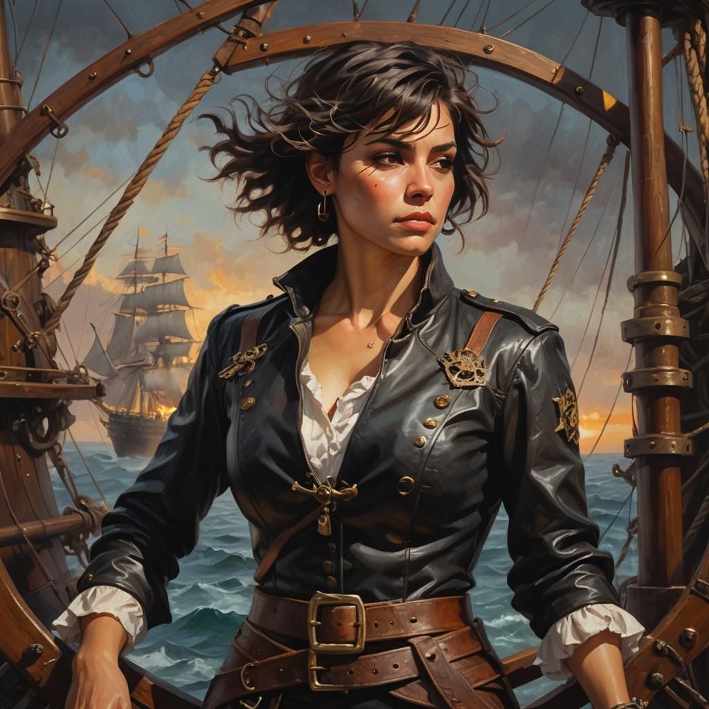 Surreal Puerto Rican Pirate Captain in a Cyberpunk Oil Paint...