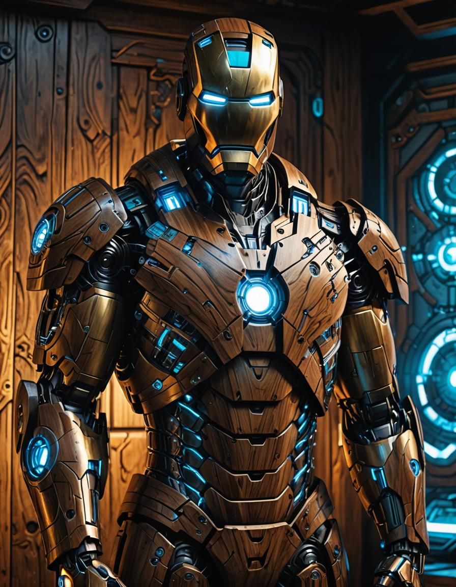Cyberpunk Wooden Iron Man with Glowing Arc Reactor