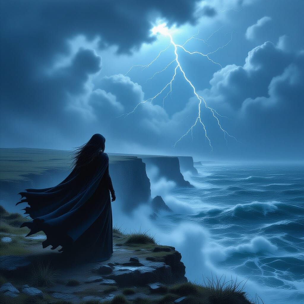 Witch on Cliff Overlooking Stormy Sea in Dramatic Style