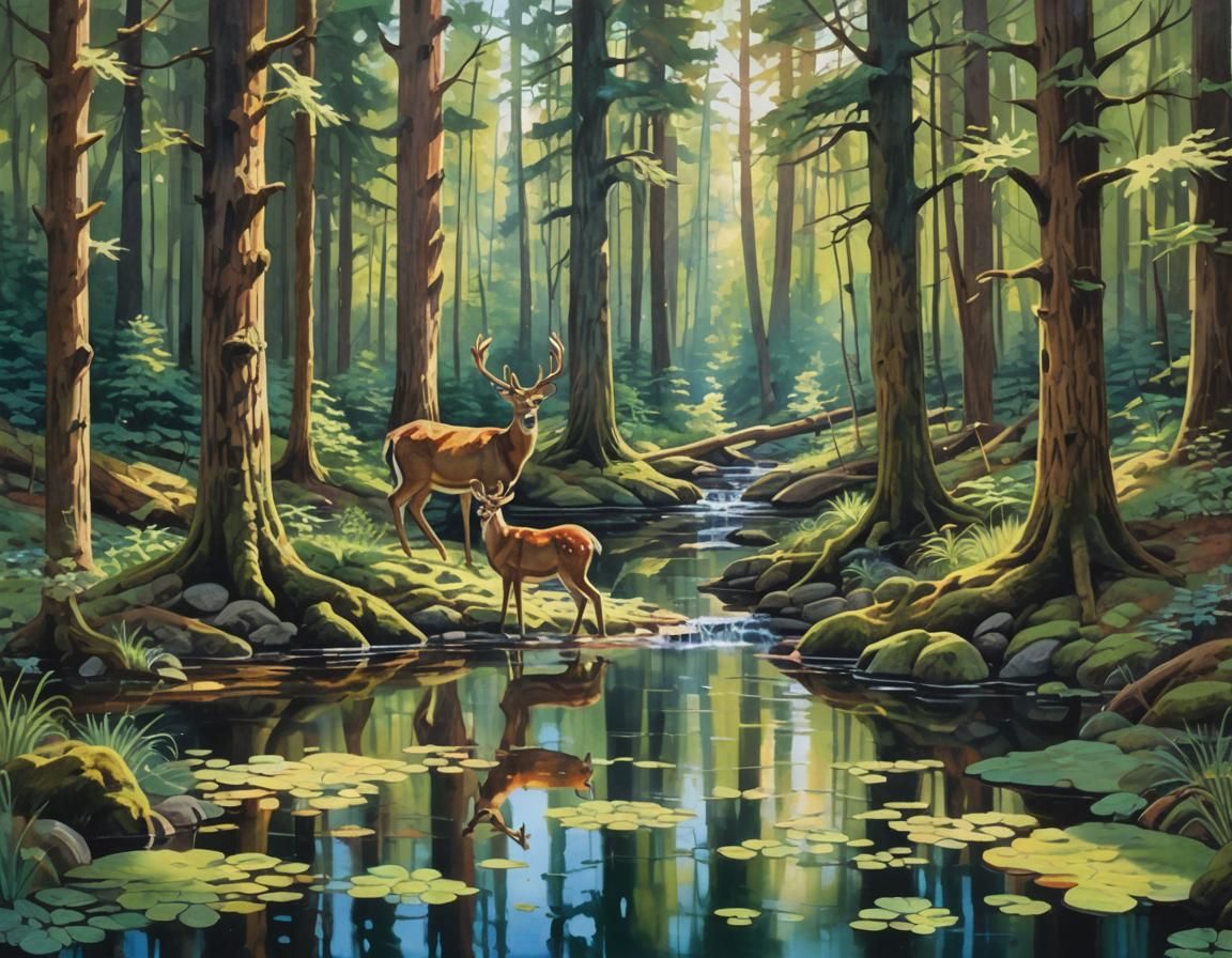 Forest Pond Deer in Gouache Watercolor Style