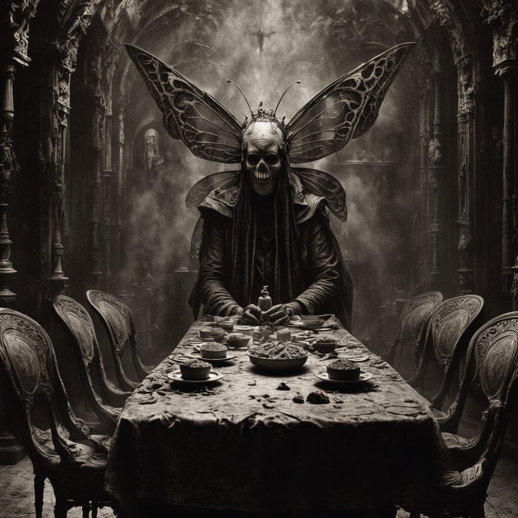 Surreal Horror: Butterfly-Human Making Flour Lines