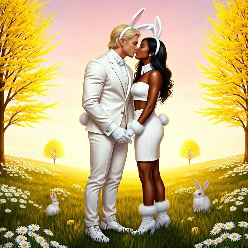 Brian & Angel Sharing A Bunny Couple Kiss In the Easter Flower Fields with Bunnies [Portrait 2]