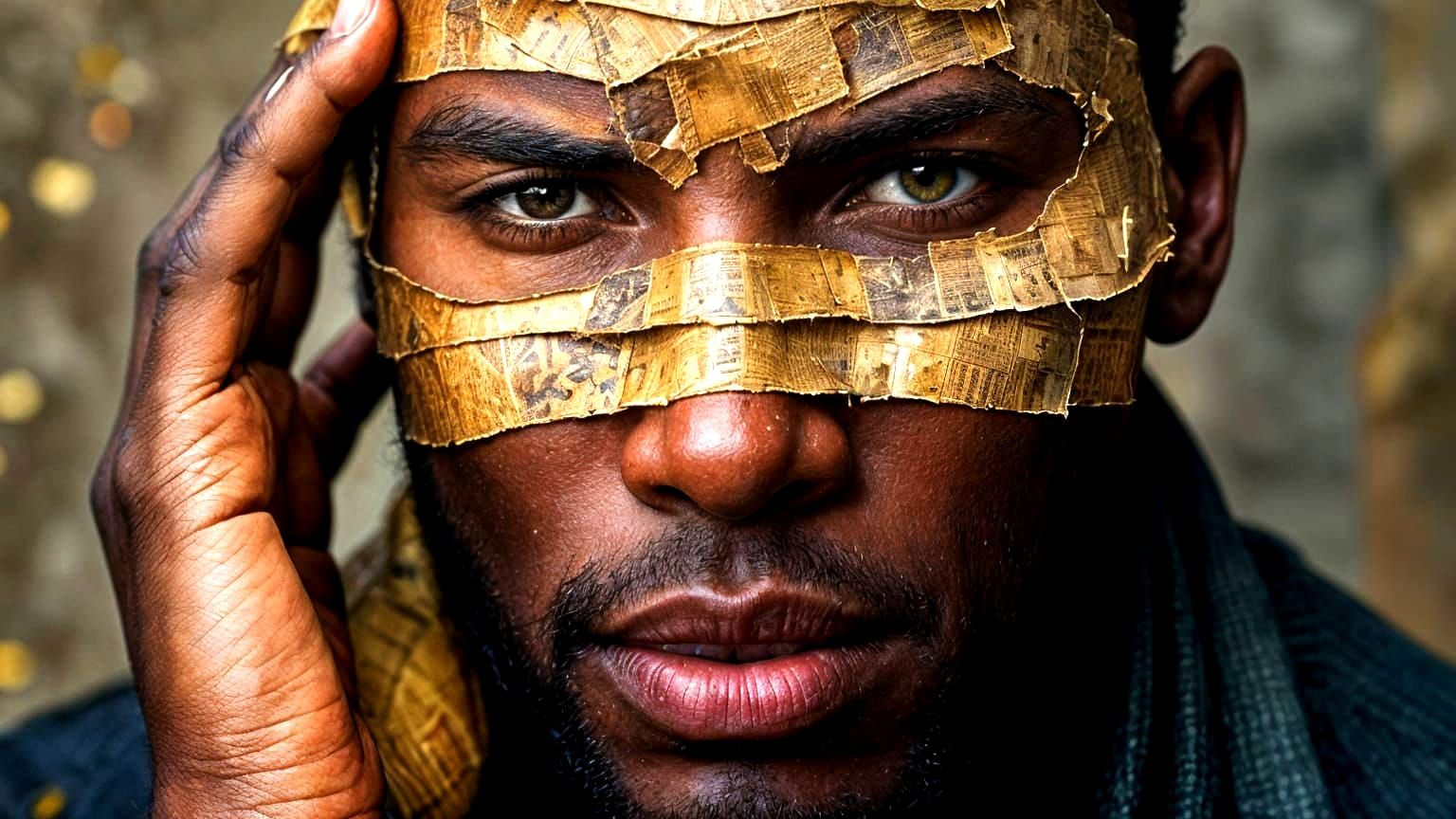 Thoughtful Man Portrait with Newspaper Collage Eyes