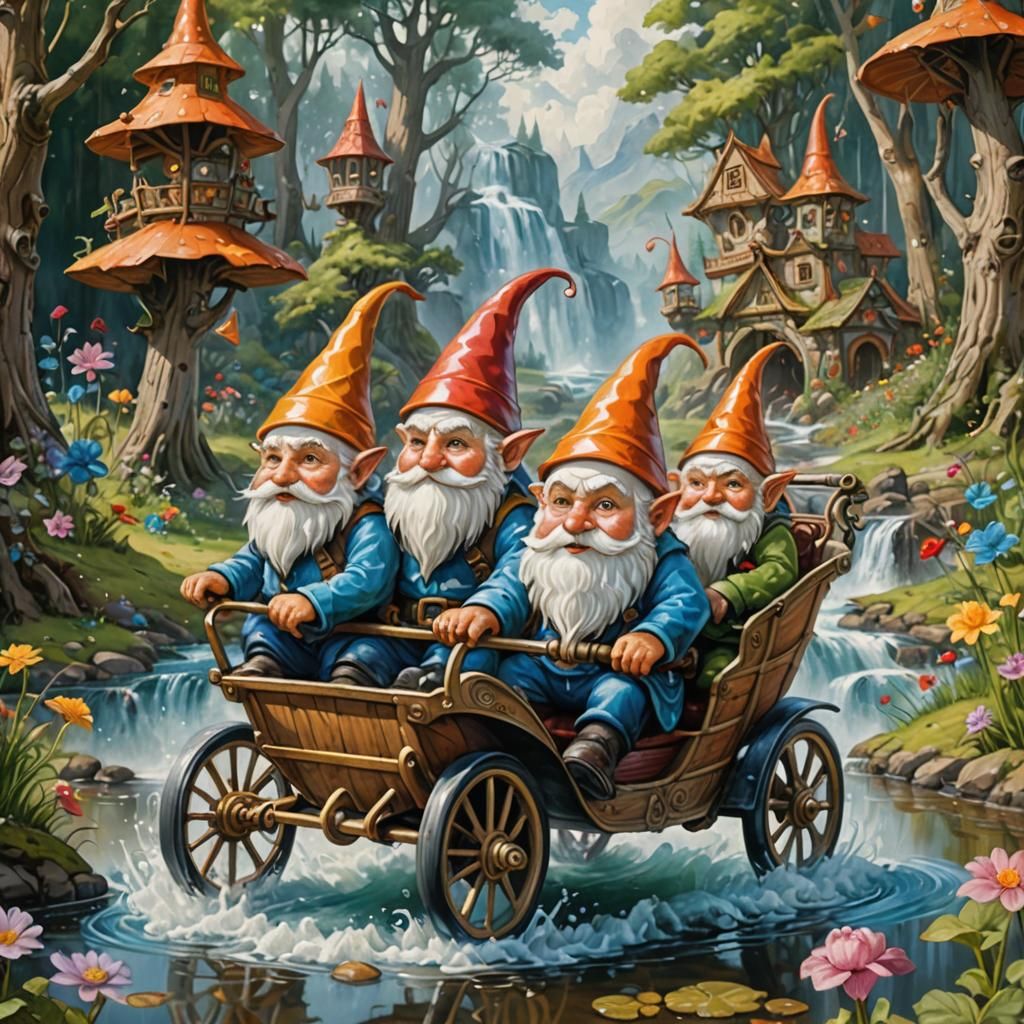 Gnomes Ride Buggy in Detailed Watercolor Painting