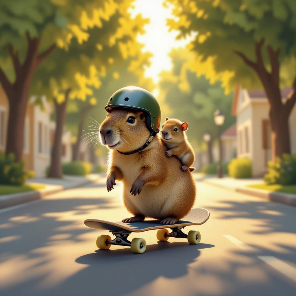 Capybara Skateboarder with Baby on Back in Whimsical Style