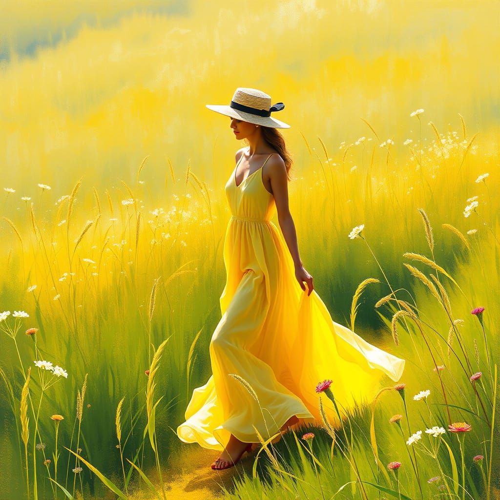 Serenely Walking Through a Sunlit Meadow in Impressionist St...