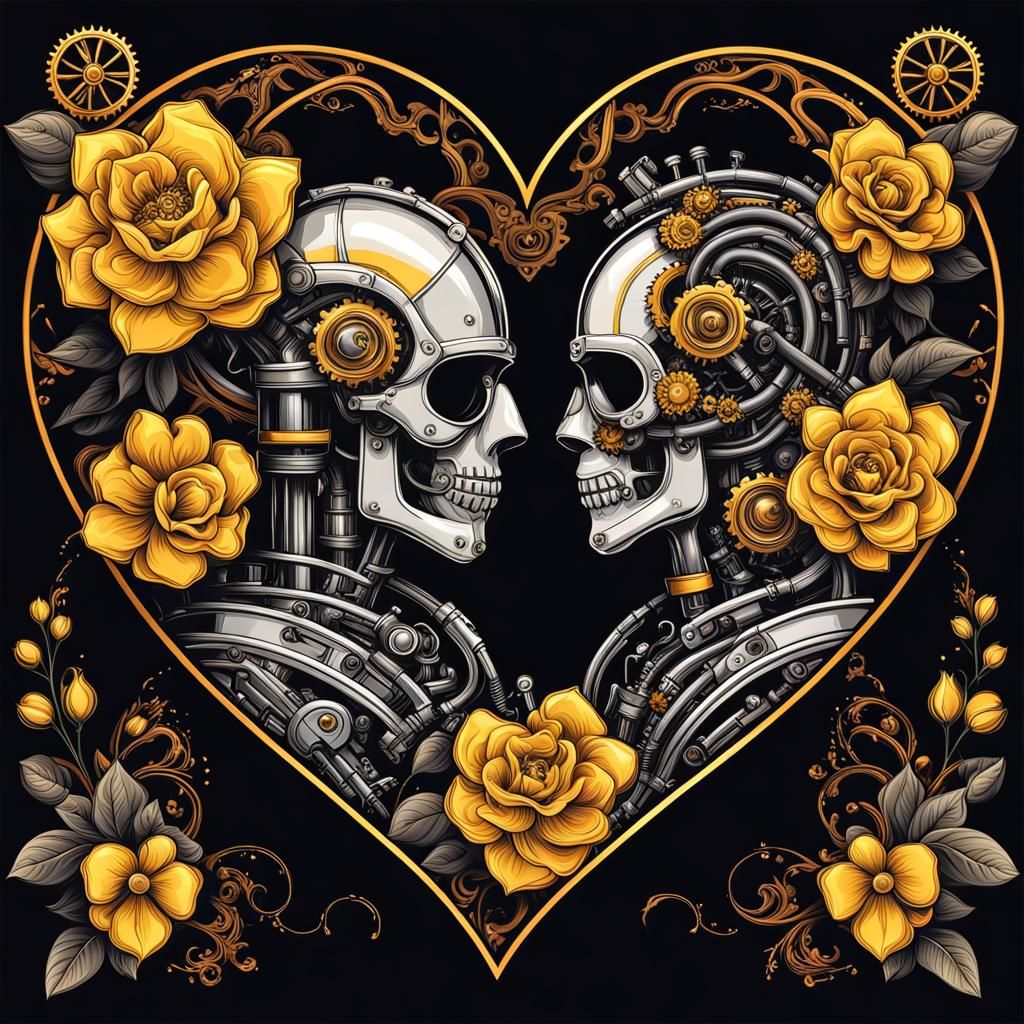 Mechanical Romance: Cybernetic Passions Framed in Floral Art