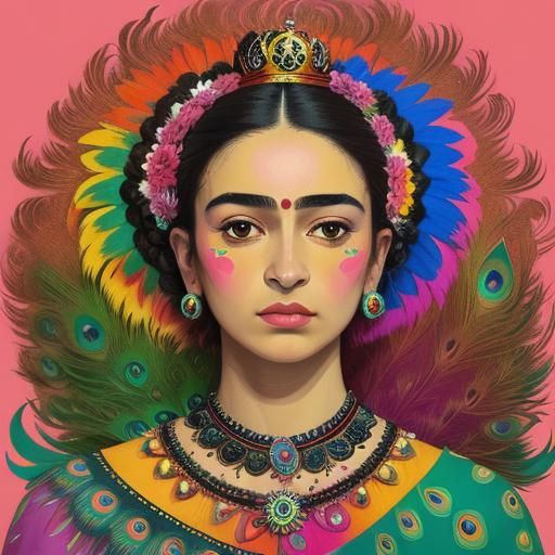 Abstract Woman with Flowers and Peacock Feathers