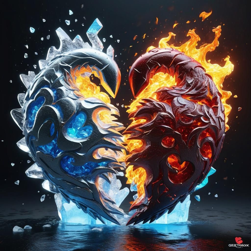 Fiery and Icy Hearts Unite in 3D Rendering