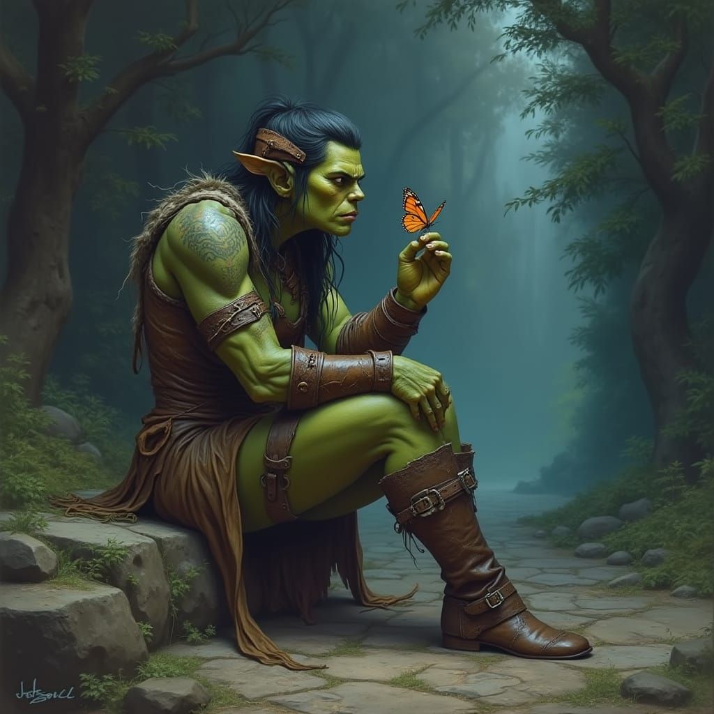 Orc Woman and Butterfly in Dreamy Realism Style