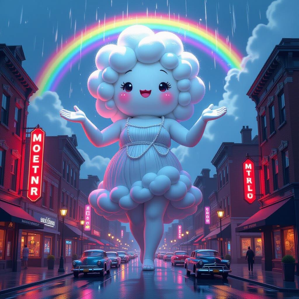 Cloud Statue Over Speakeasy in Photorealistic Oil Painting