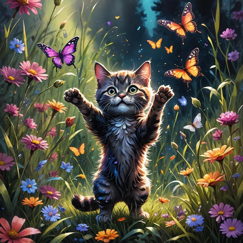 Whimsical Cat Chasing Butterfly, Watercolor Dark Fantasy