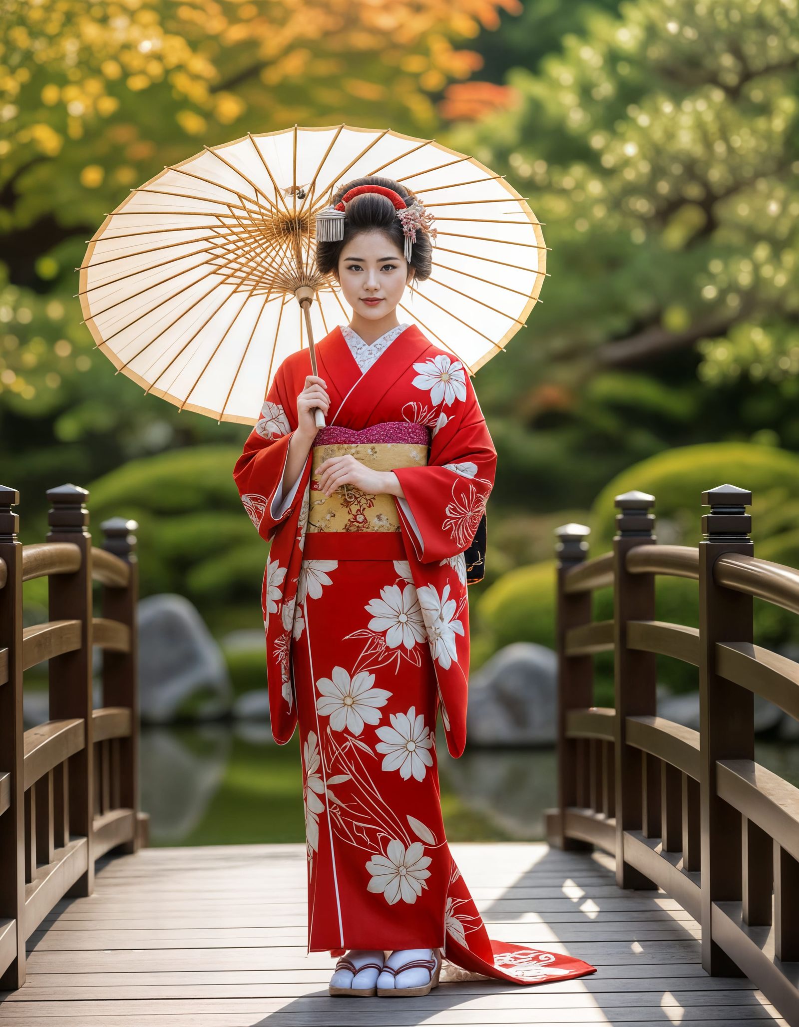 Elegant Japanese Woman on Garden Bridge in Kimono