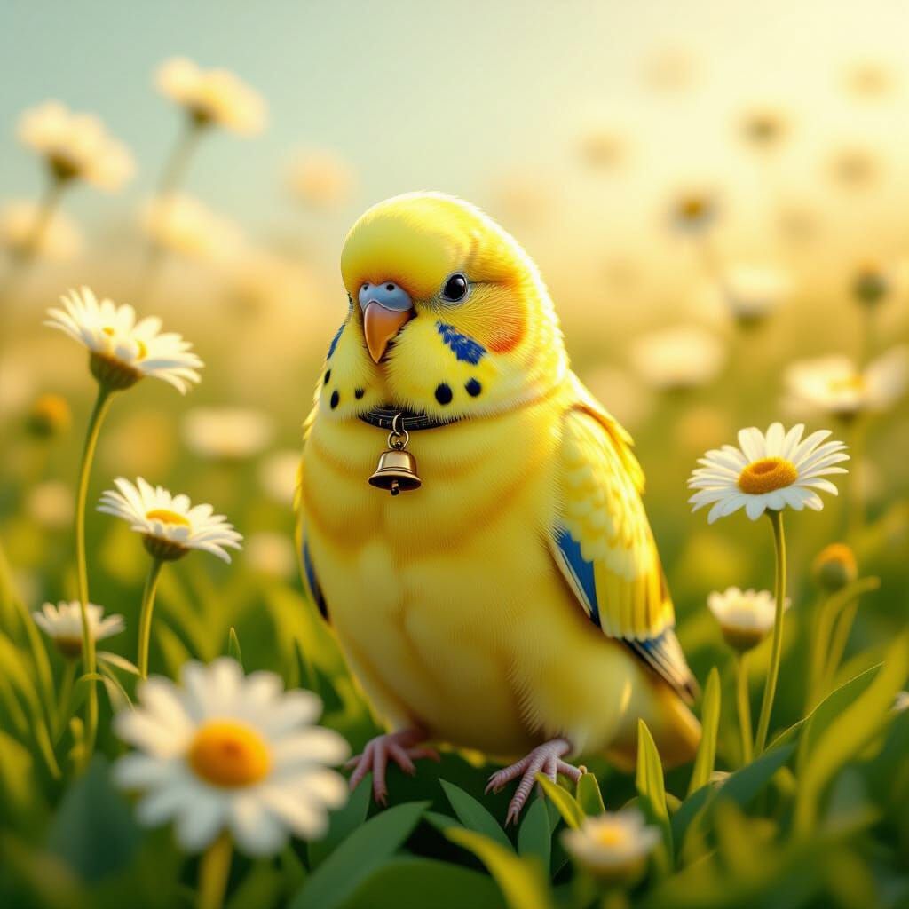 Hyperrealistic Budgie in Daisy Field