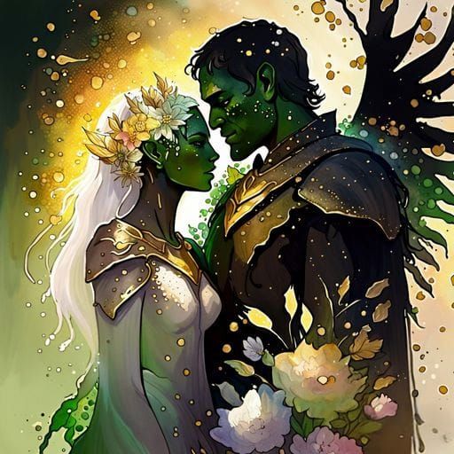 Orc Knight and Elf Woman: Watercolor Art