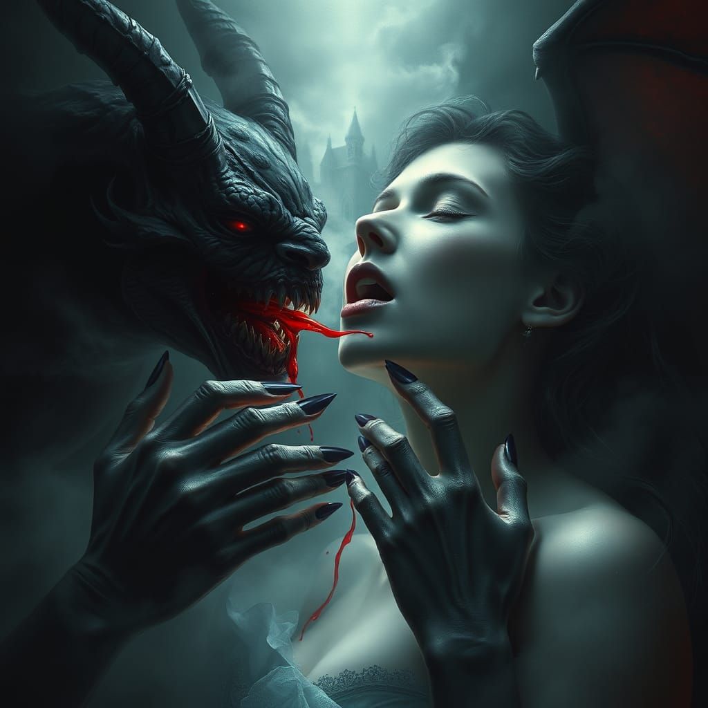 Eerie Demon Vampire Biting Woman in Gothic Setting