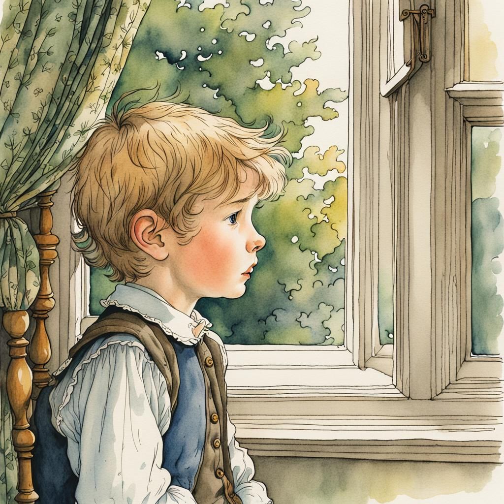 Boy Stares Out Window in Storybook Illustration