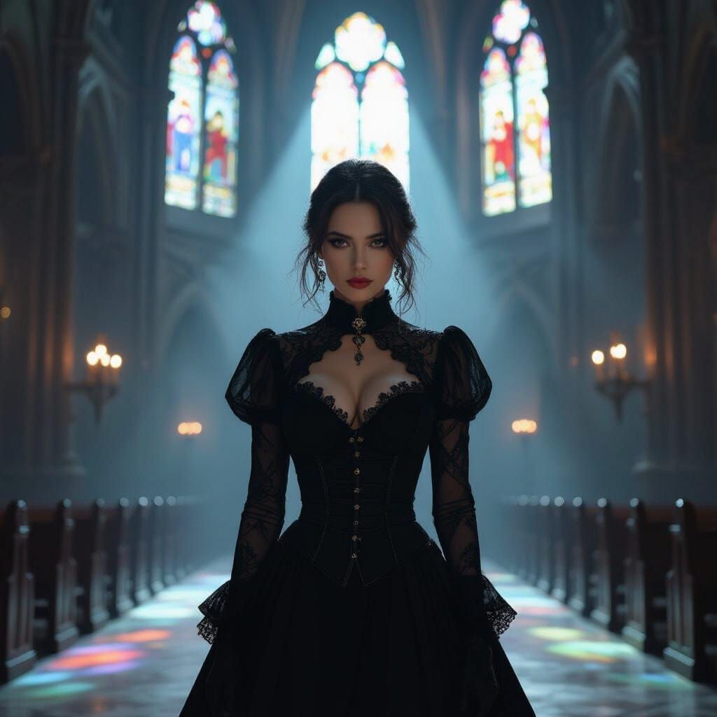Opiumcore Woman in Gothic Cathedral, Cinematic Lighting