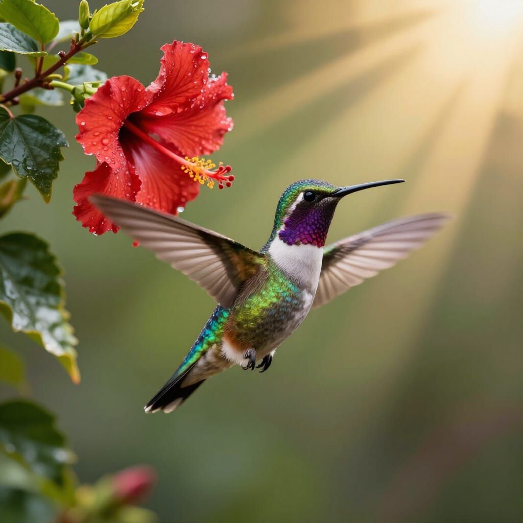 Jewel-Toned Hummingbird Hovering Near Crimson Hibiscus in Go...