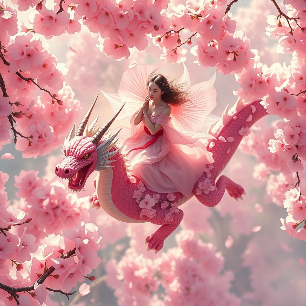 Sakura Rides Cherry Blossom Dragon: Ethereal Oil Painting