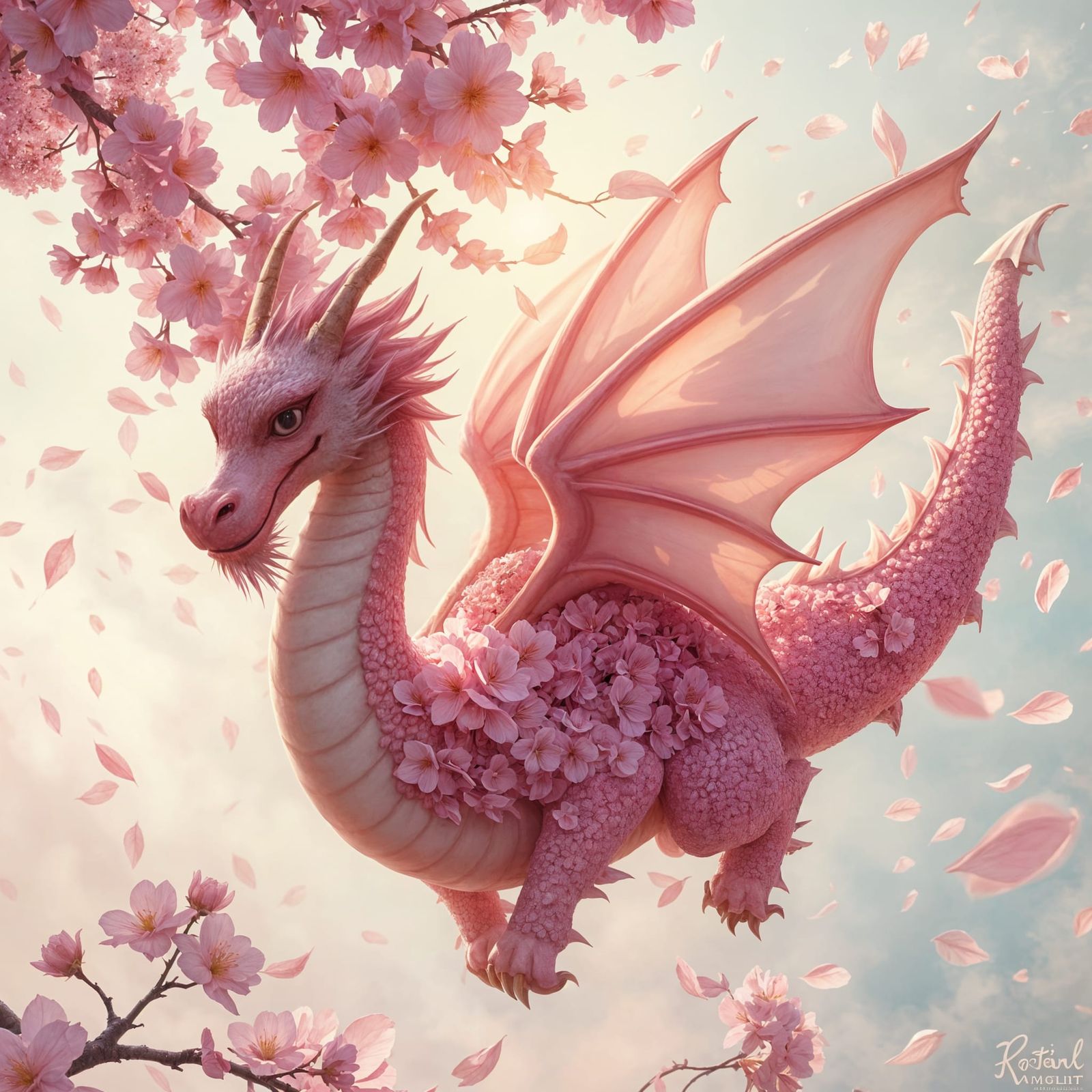 Sakura on Cherry Blossom Dragon: Impressionistic Oil Paintin...