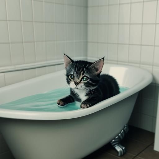 Cinematic Kitten in a Bathtub Film Still