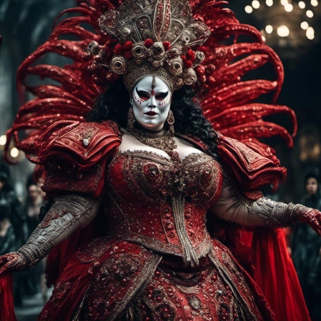 bbw witch dancing wearing Venetian masks on the Fancy dress party (sinister...