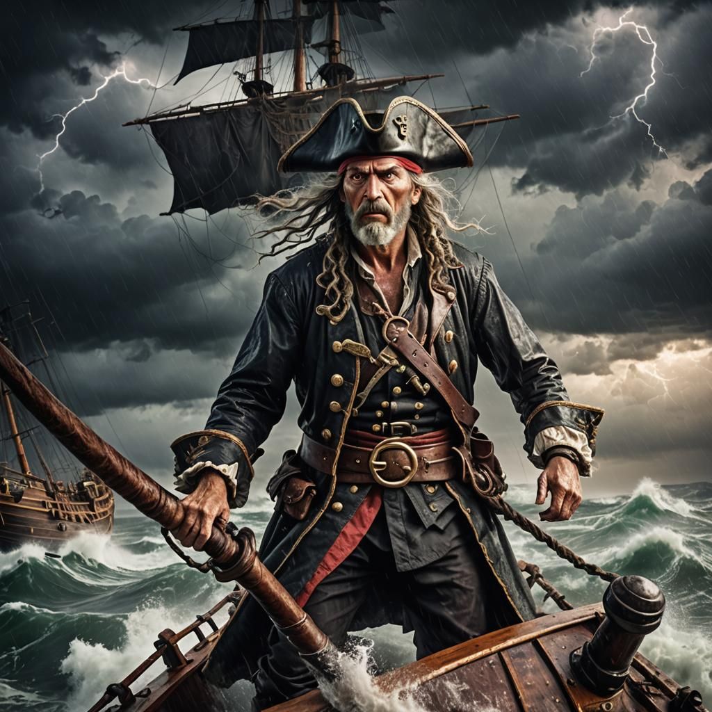 Fearsome Pirate Captain in Stormy Seas, Oil Painting