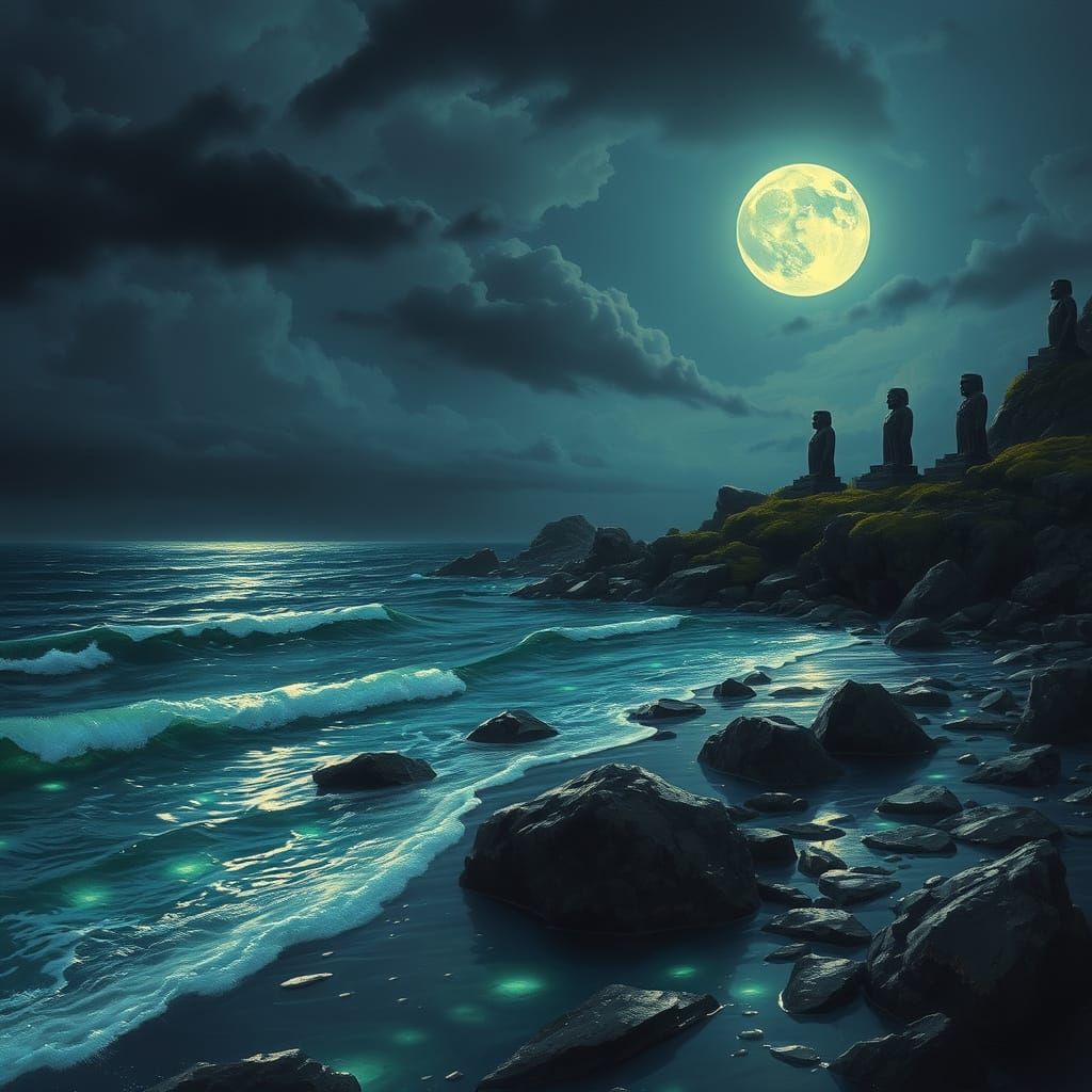 Hidden Cove with Bioluminescent Waves and Full Moon