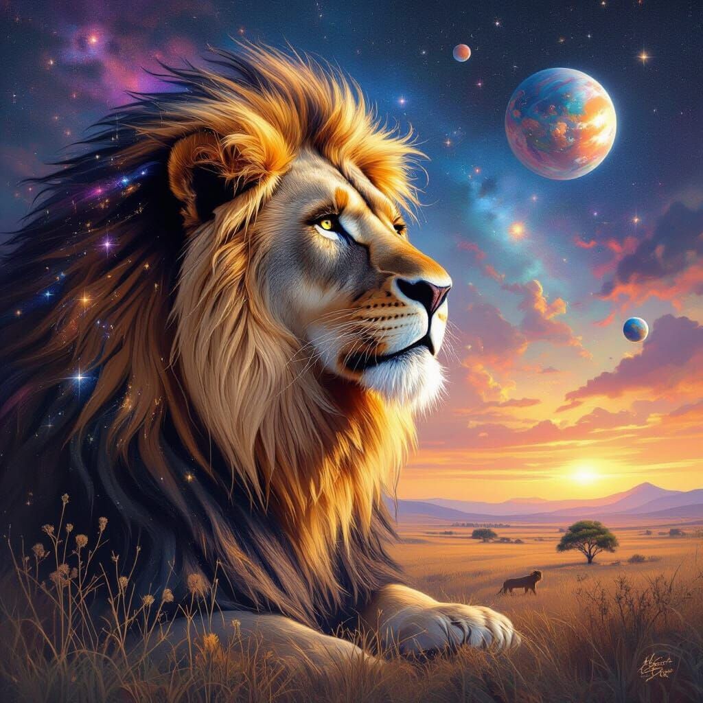 A majestic lion with a flowing mane of stardust, gazing out over a galaxy-spanning savanna. Nebulae swirl in the backgro...