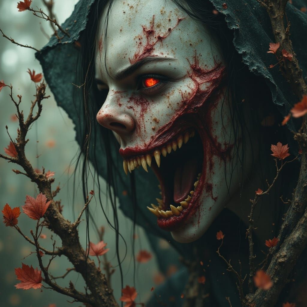 Eerie Vampire Close-Up in Spooky Forest