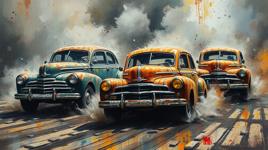 Old Cars Race in Chaotic Palette Knife Painting