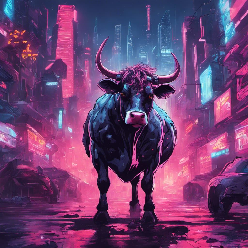 Supercow in Cyberpunk City: Synthwave Splash Art