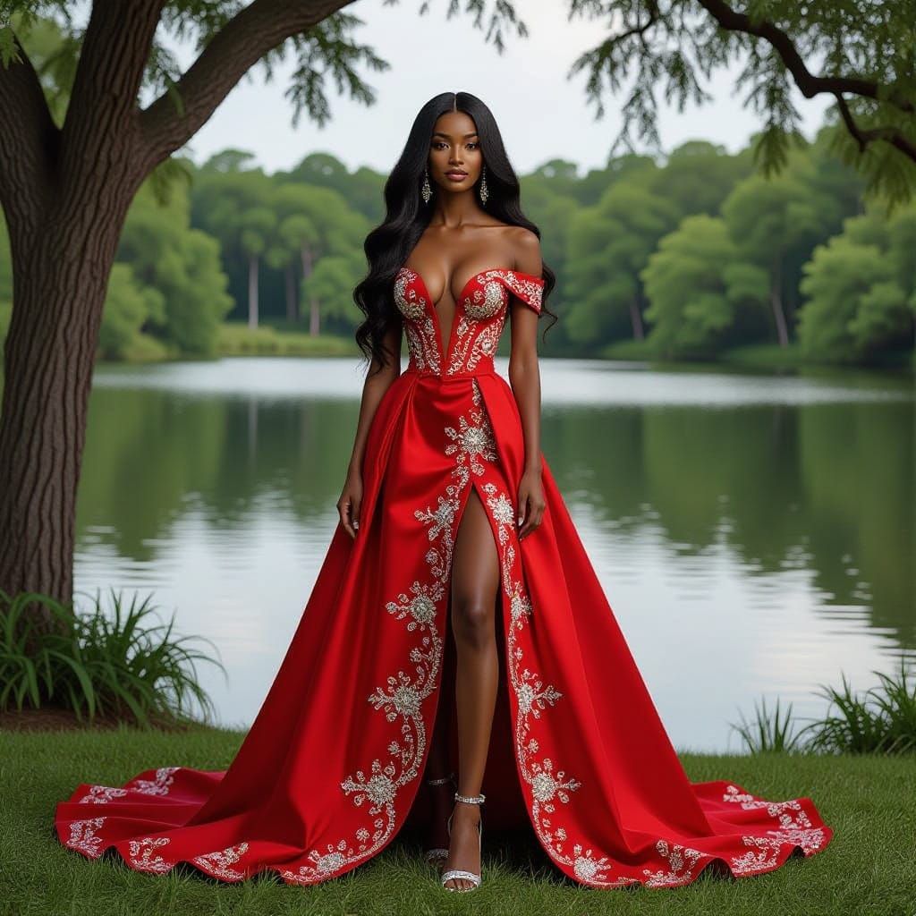 African American Woman in Red Gown by Lake