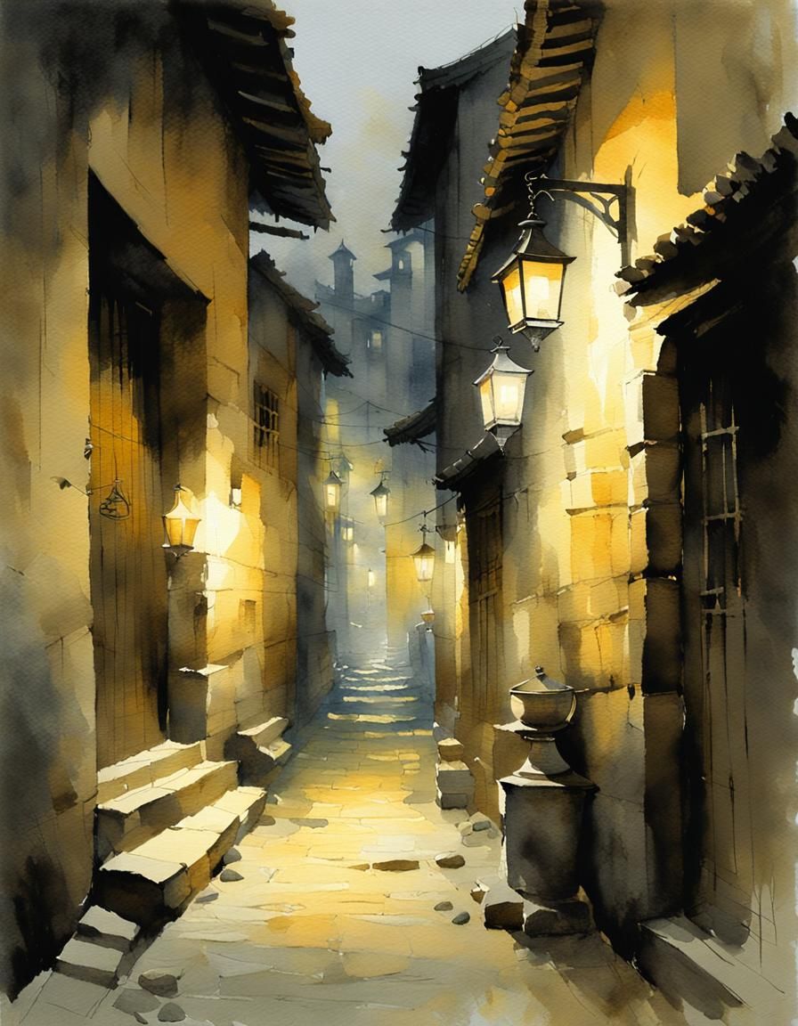Ancient Alleyway Lit by Candlelight: Watercolor Painting