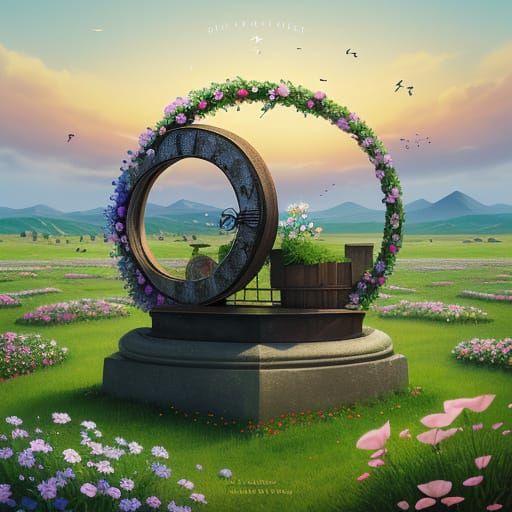 Surreal Scene of Blooming Clocks and Lingering Love