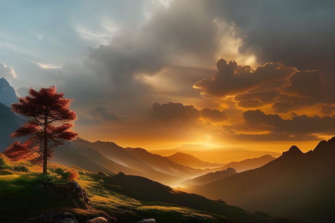 Mountain Landscape: Cinematic Sunrise in Expressionist Style