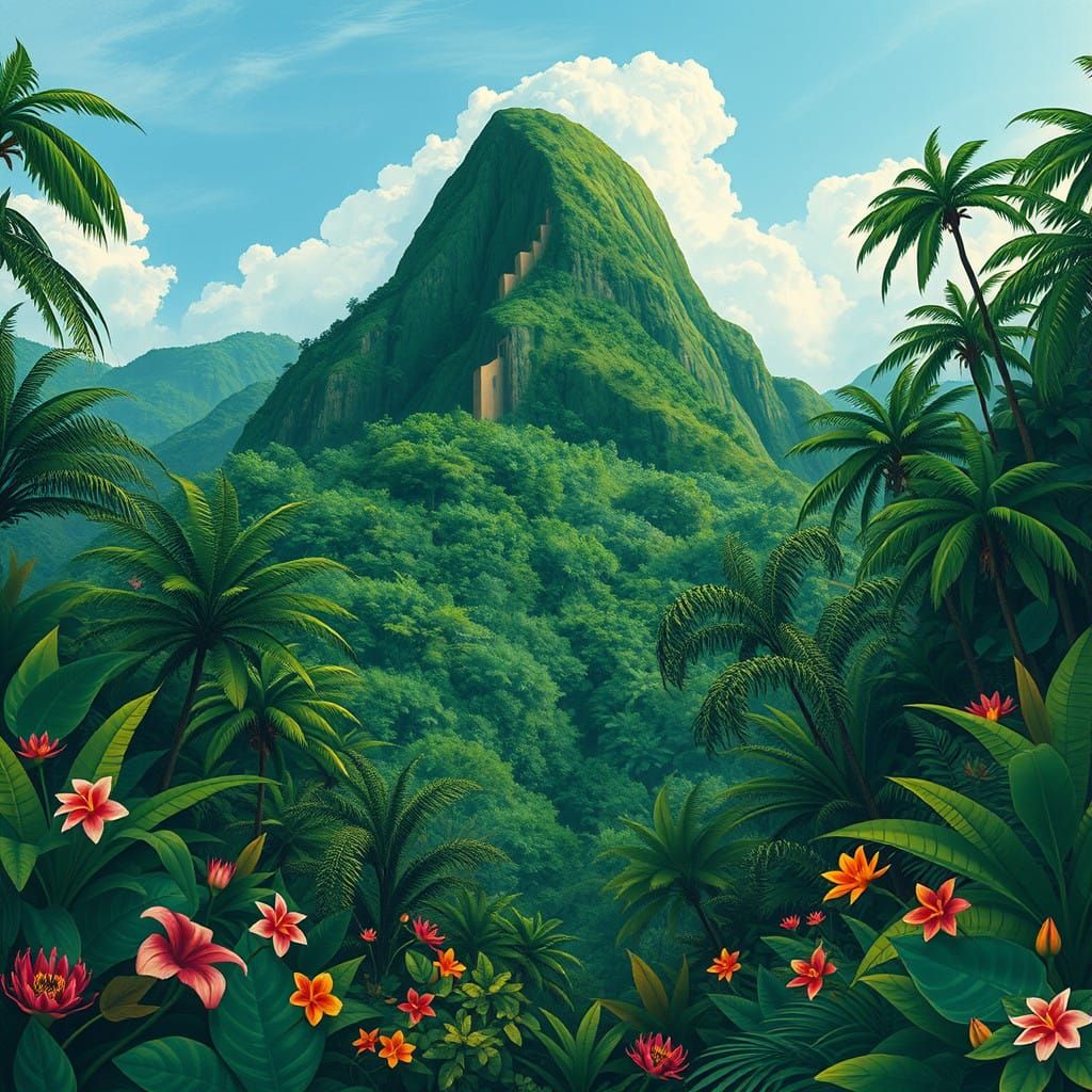 Lush Tropical Rainforest Landscape Inspired by Modernist Arc...