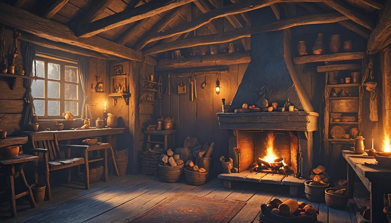 Warm Winter Scene in a Medieval Hut