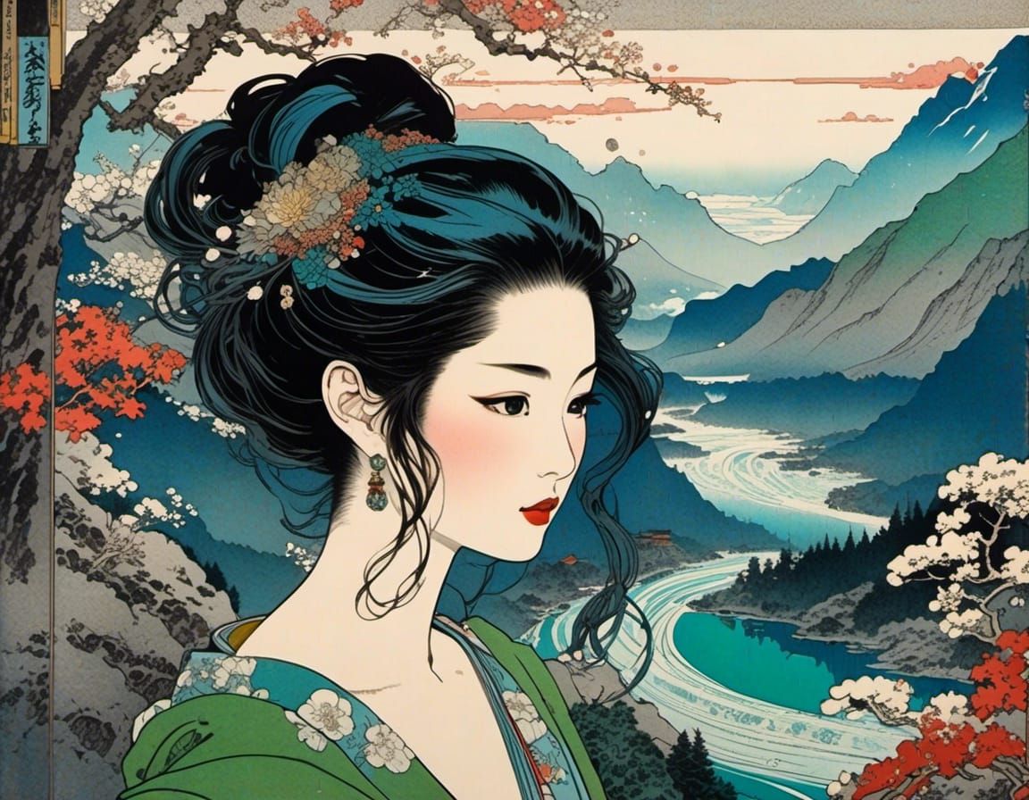 Japanese Woodblock Print: Woman with Flowing Hair