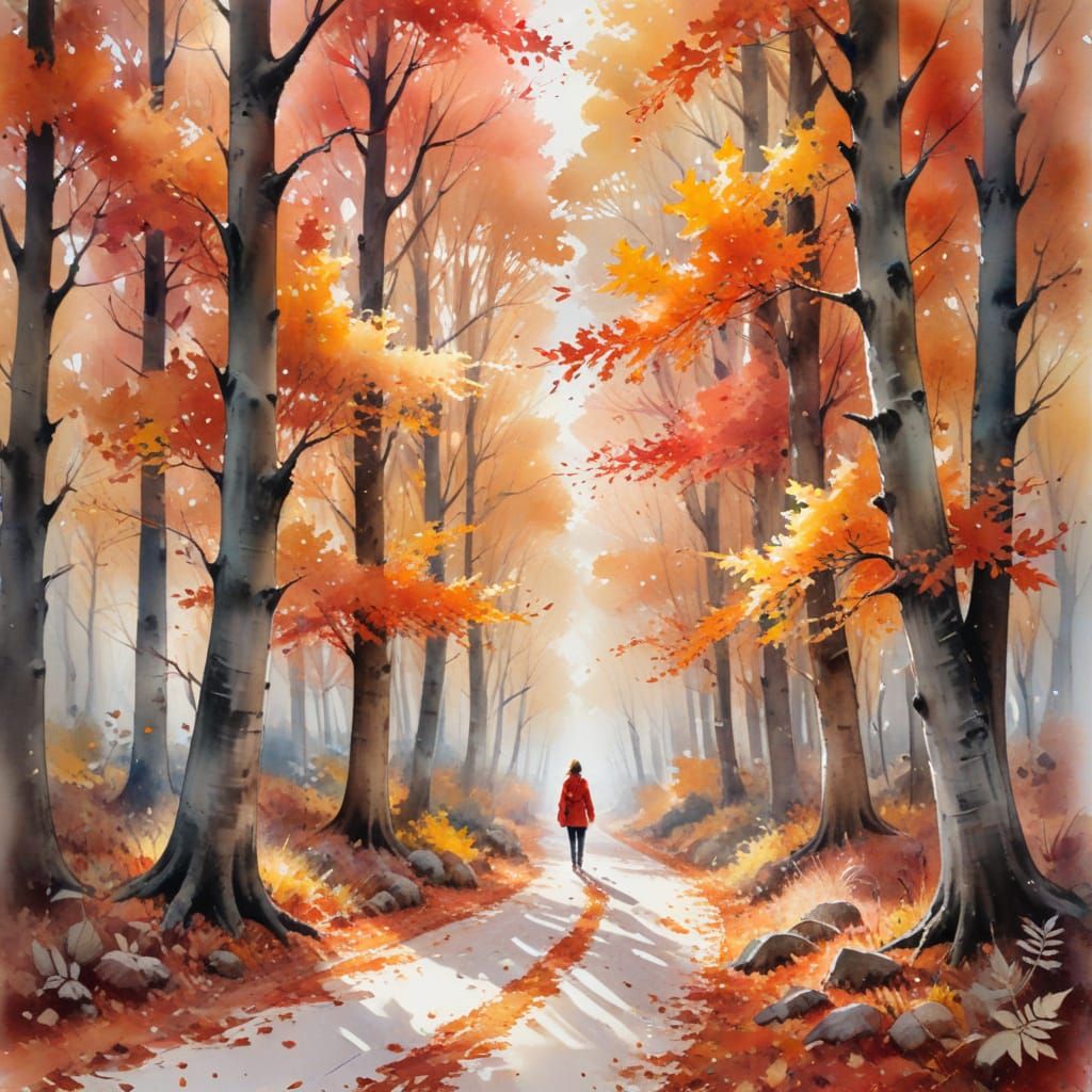 Autumn Forest Path in Watercolor Style