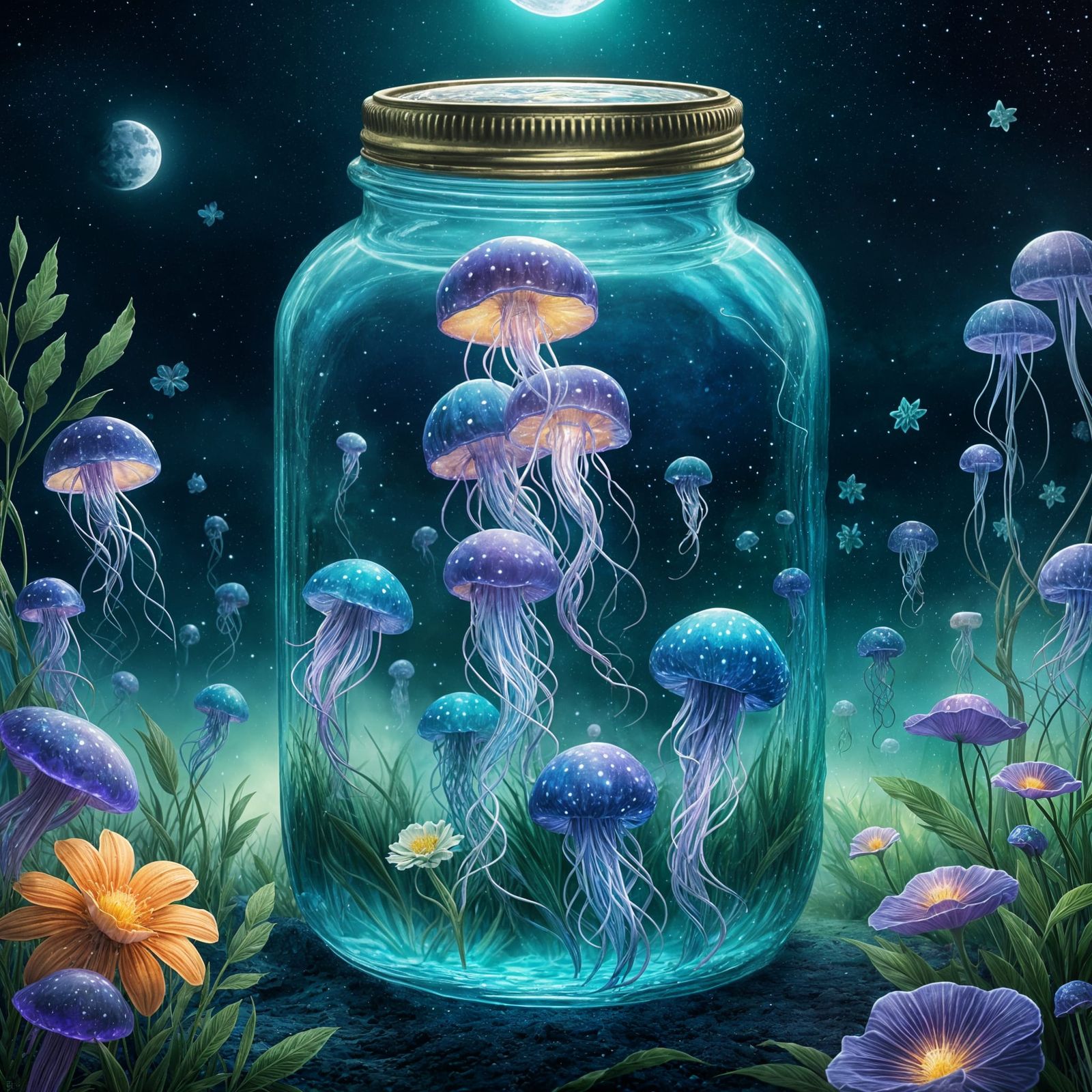 Glowing Jellyfish in Jar on Meadow at Night