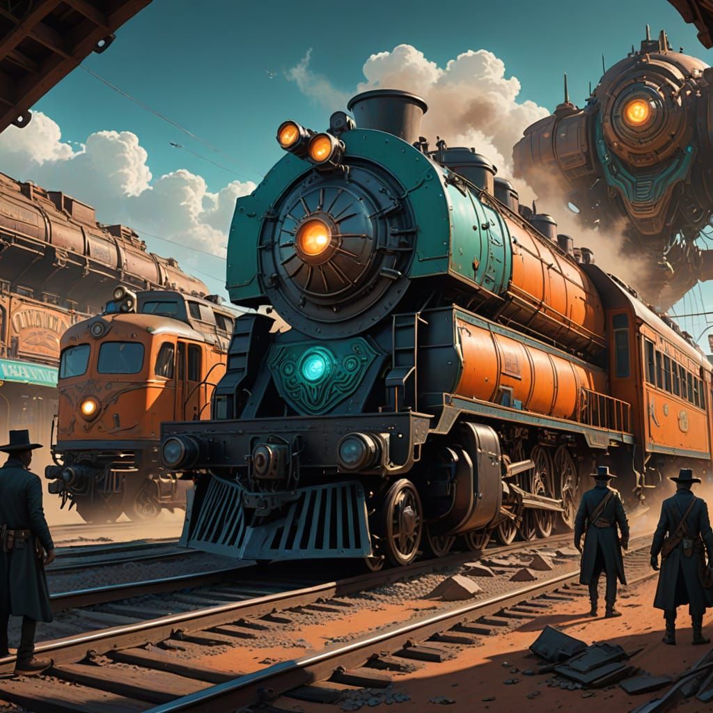 Wild West Train Robbery by Aliens in Splash Art Style
