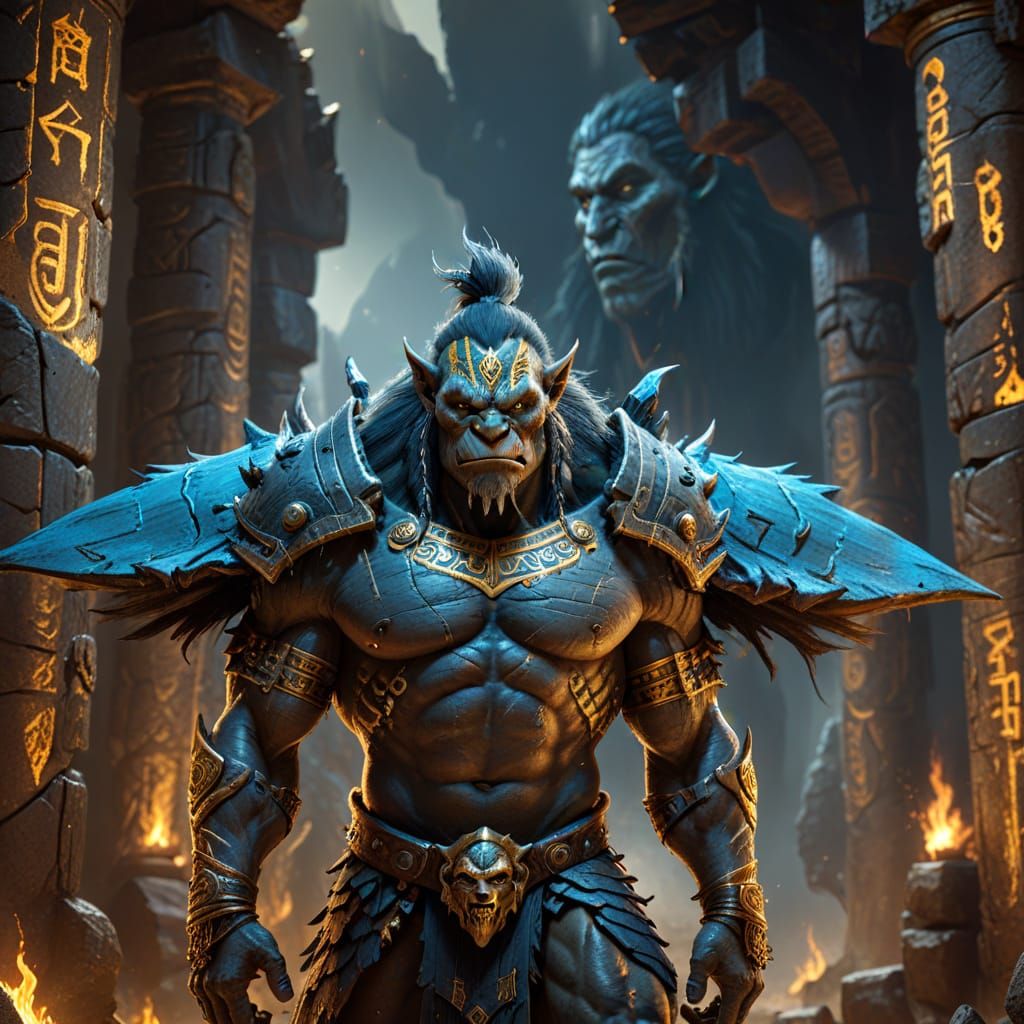 Armored Troll Concept Art with Hieroglyphics and Gold