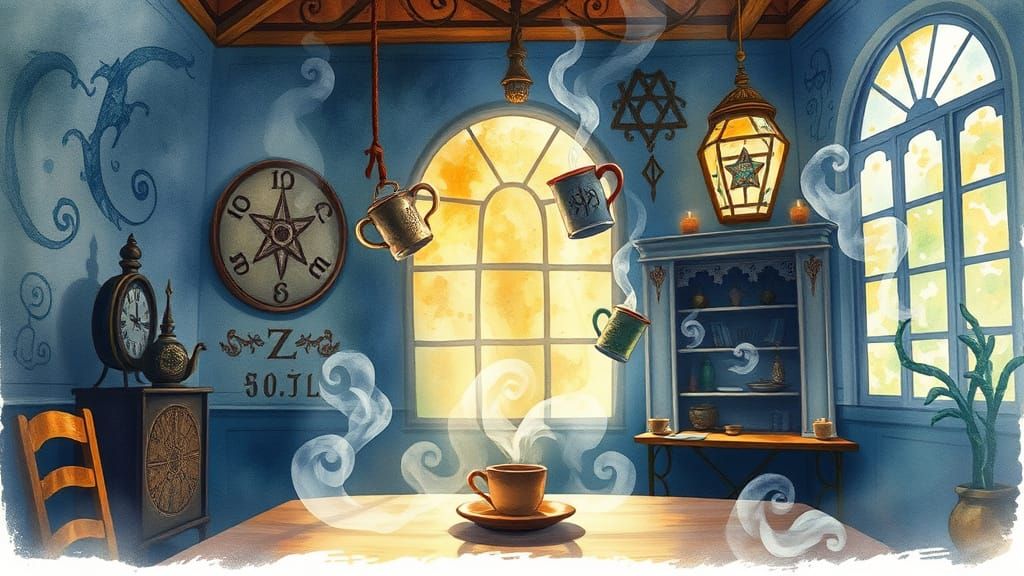 Mystical Cafe with Levitating Mugs and Golden Light