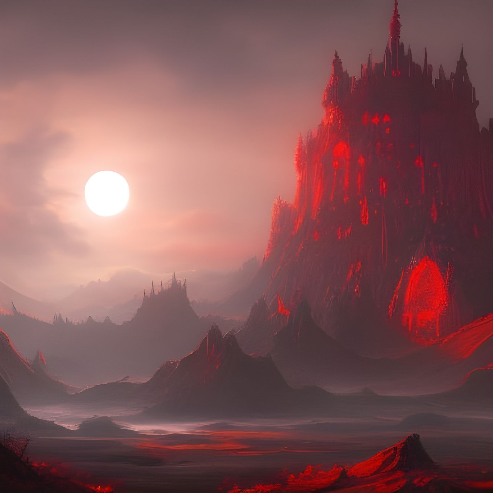 Fantastical Red Sun in Detailed Matte Painting