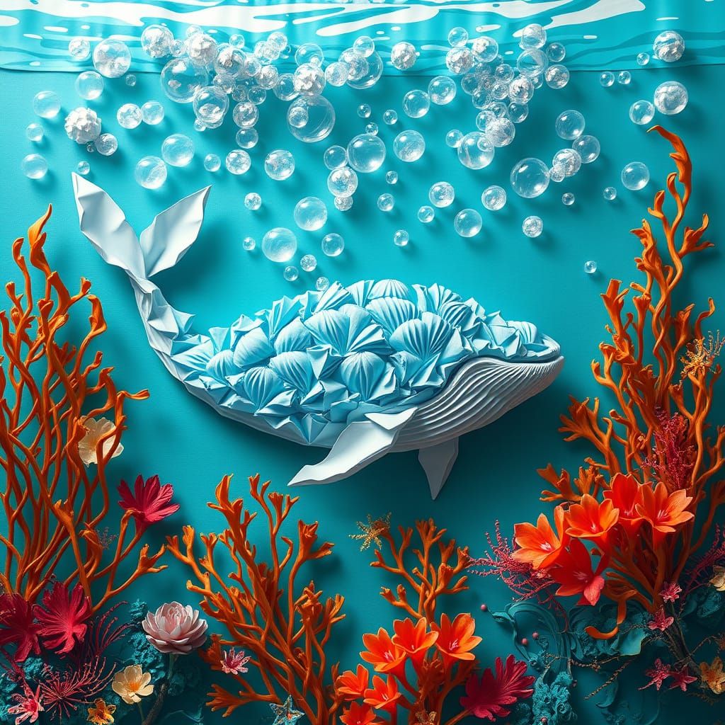 Bubble Whale in Turquoise Sea, Papercraft Style
