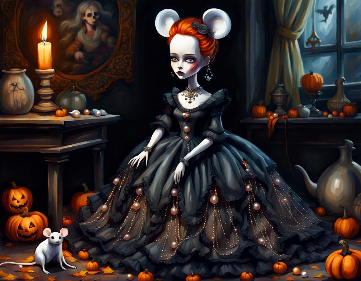 Gothic Doll with Mouse in Impressionist Gouache Style