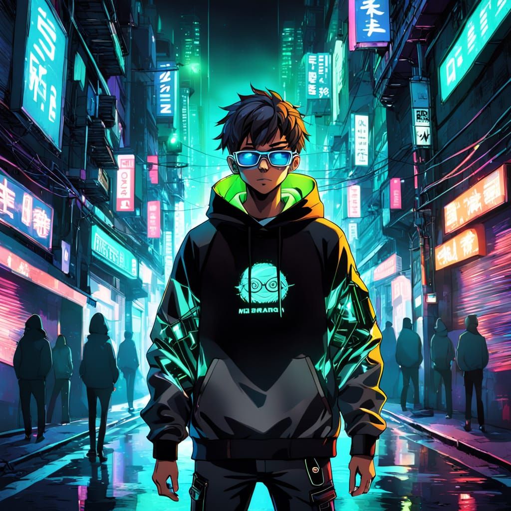 Anime Boy in Neon City Alleyway with Glowing Glasses