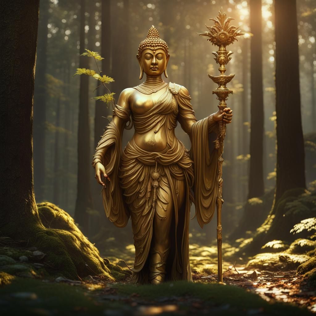 Golden Buddha Statue in Forest: Dark Fantasy Art